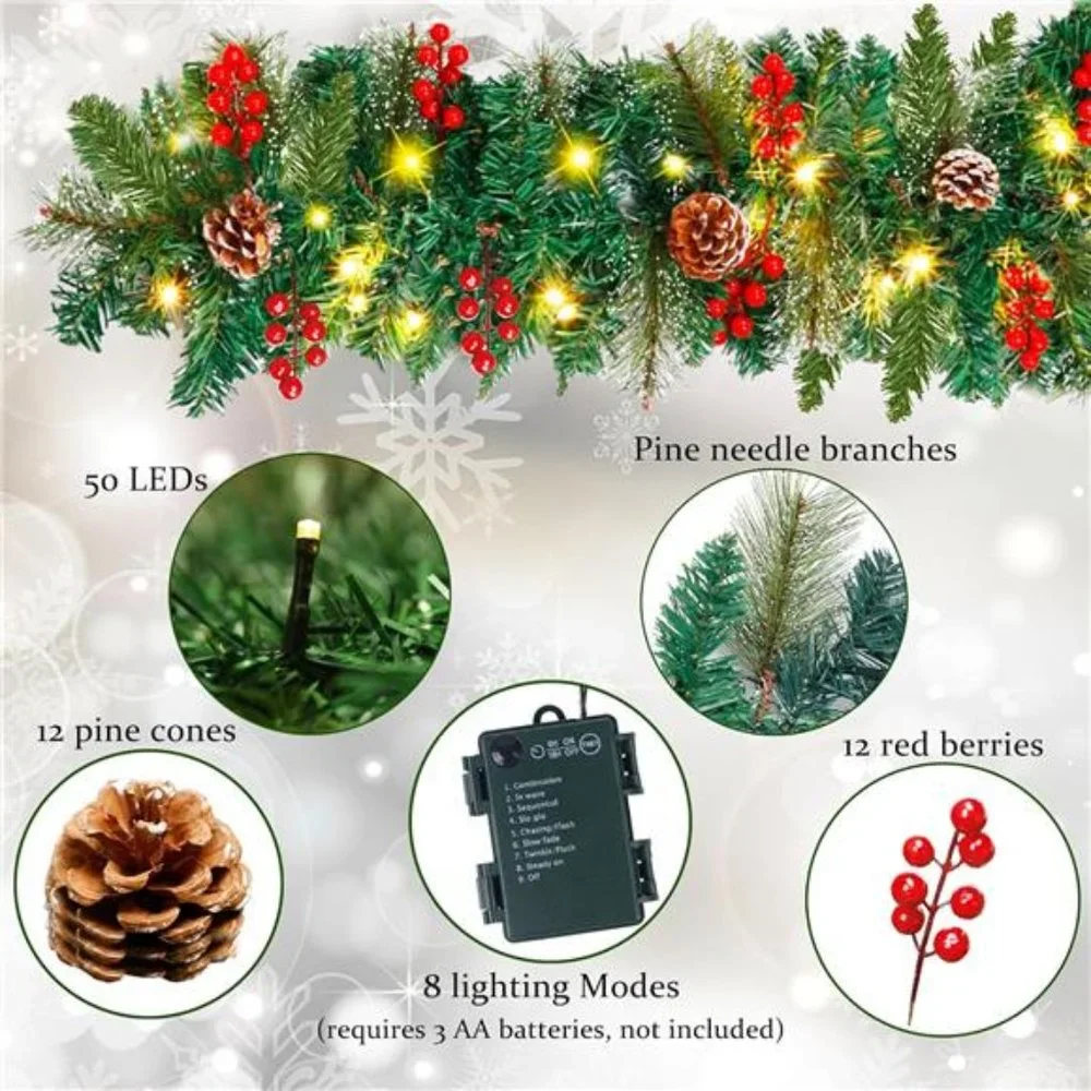 9FT Christmas Garland, Pre-lit Artificial Xmas Garland Decorations 50 LED Lights
